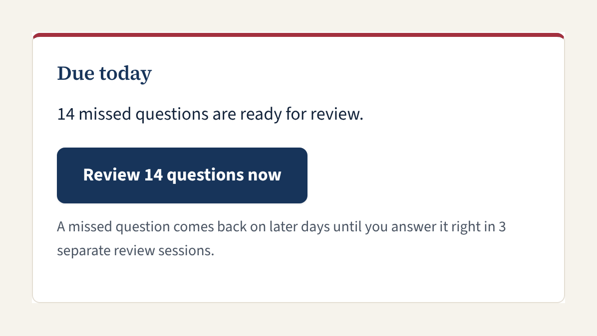 The Due today panel showing missed questions ready for review and a Review now button.
