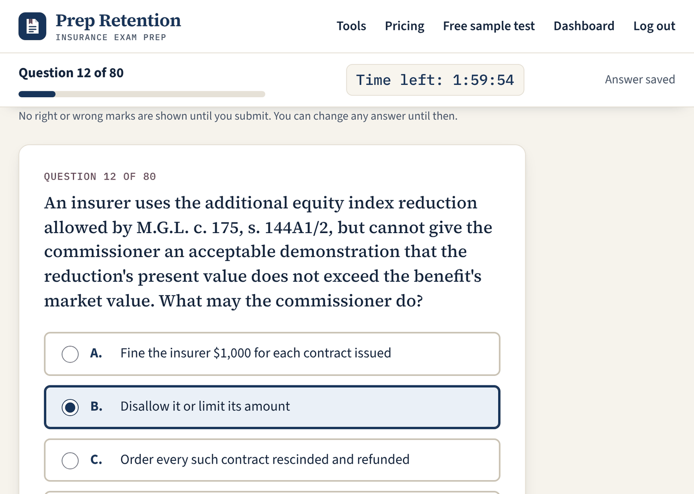 A practice exam in progress: question 12 of 80 with a running timer, four answer choices and one choice selected.
