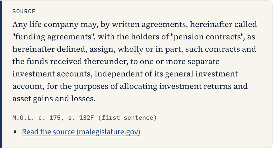 The source box for that question: the quoted Massachusetts statute, its citation, M.G.L. c. 175, s. 132, and a link to read it on malegislature.gov.