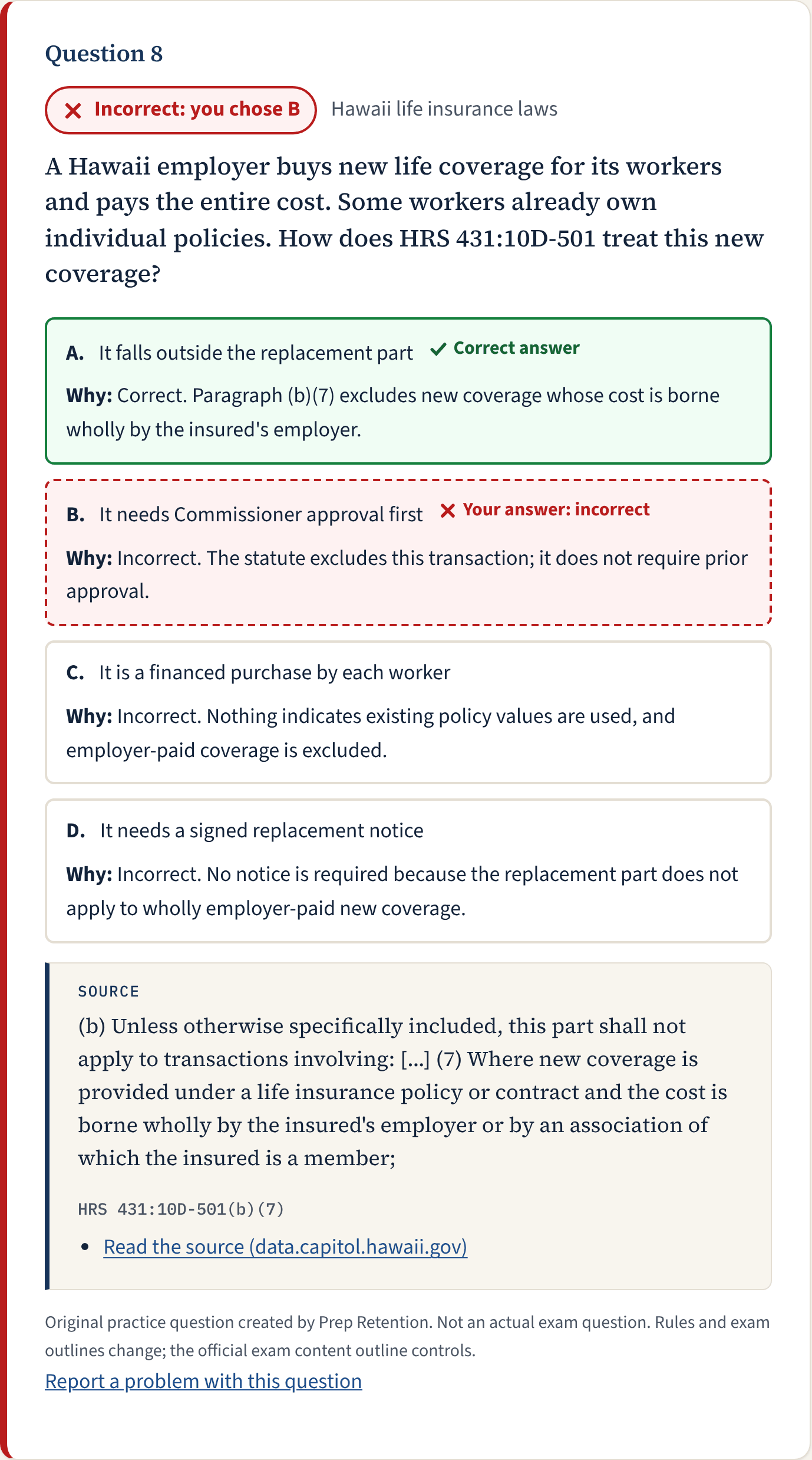 A results card: the chosen answer marked Incorrect, the correct answer marked Correct, explanations for each choice and a source box with the quoted law.