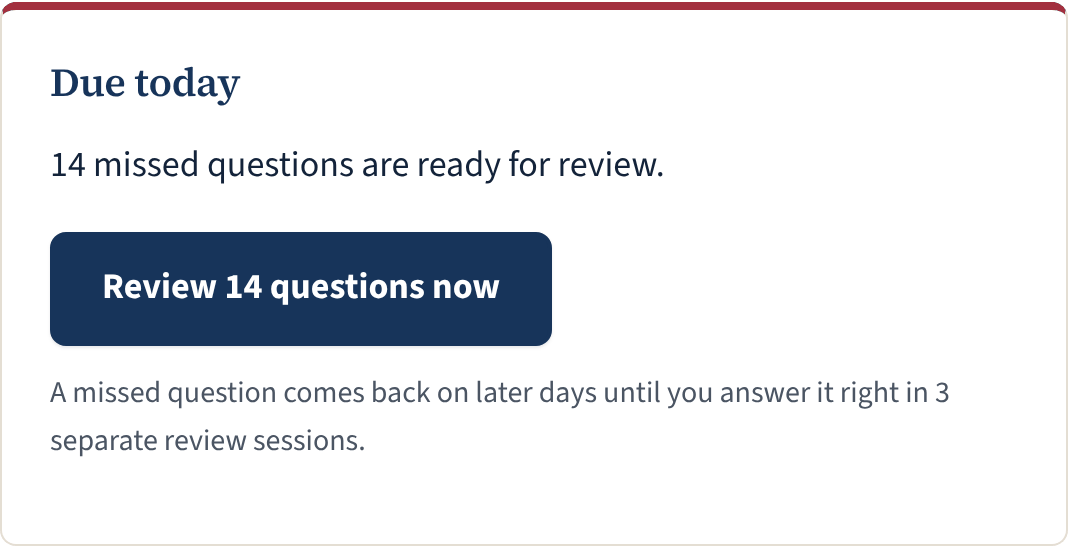 The Due today panel showing missed questions ready for review and a Review now button.