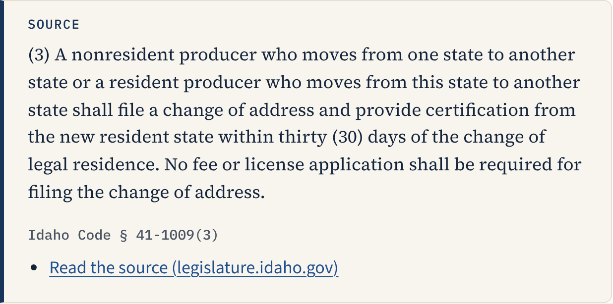 The source box for that question: the quoted Idaho law, its citation, and a link to read it.