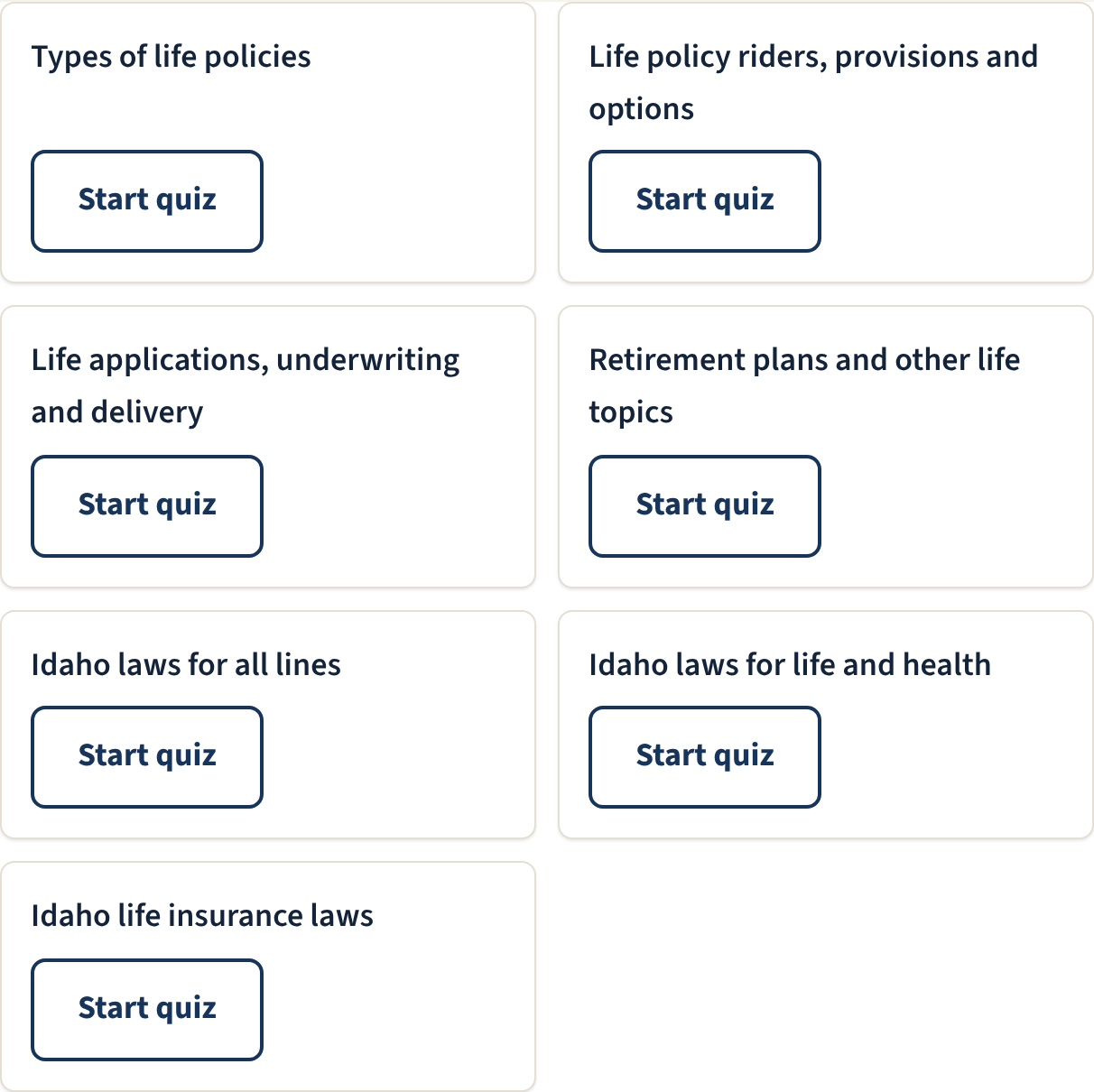 The mini quiz list on the Idaho dashboard, one card per exam topic including Idaho laws for both exams and Idaho life insurance laws, each with a Start quiz button.
