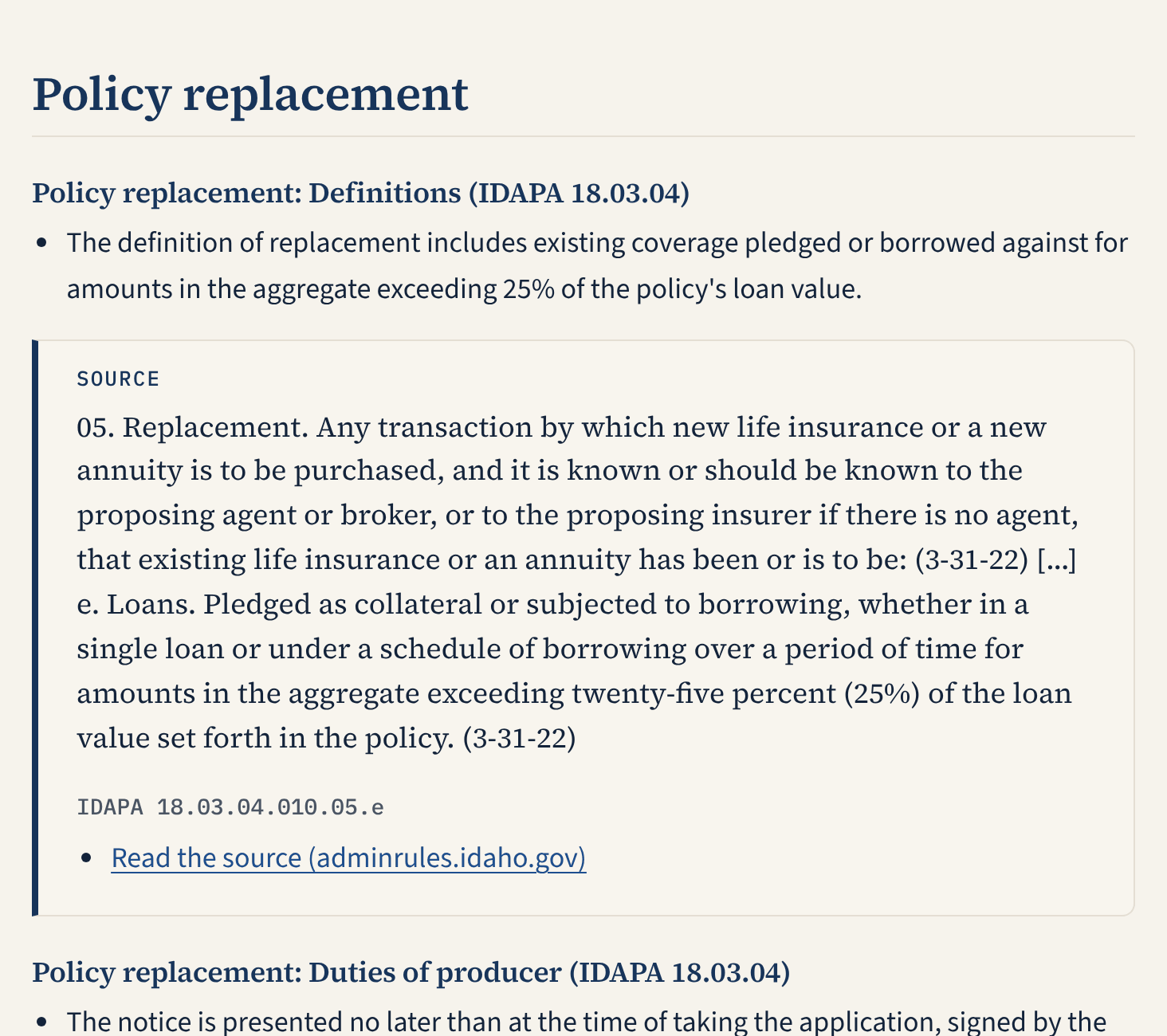 The study guide for Idaho life insurance laws: a key point with the quoted Idaho law, its citation and a link.