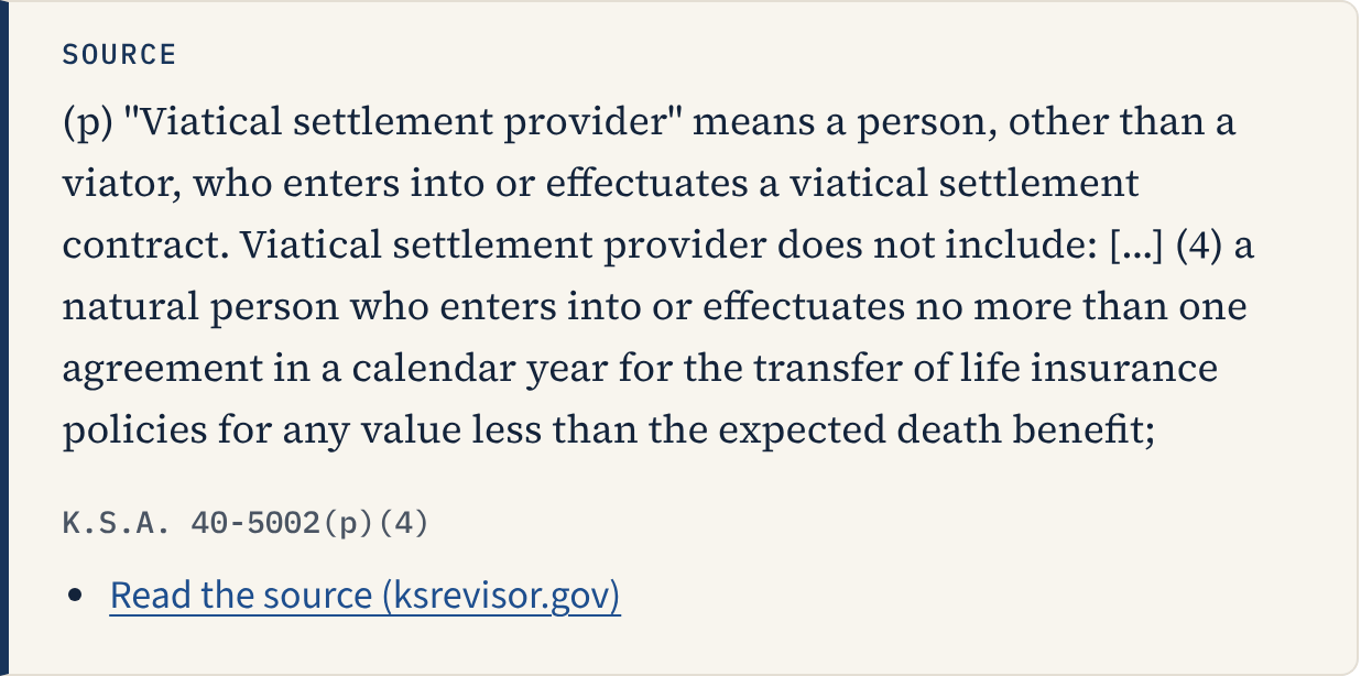 The source box for that question: the quoted Kansas law, its citation, and a link to read it.