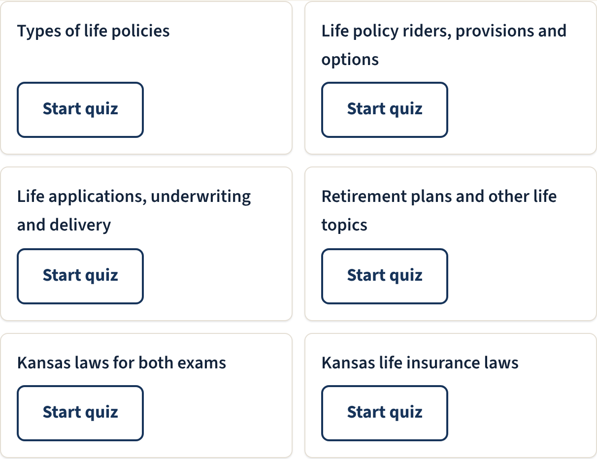 The mini quiz list on the Kansas dashboard, one card per exam topic including Kansas laws for both exams and Kansas life insurance laws, each with a Start quiz button.