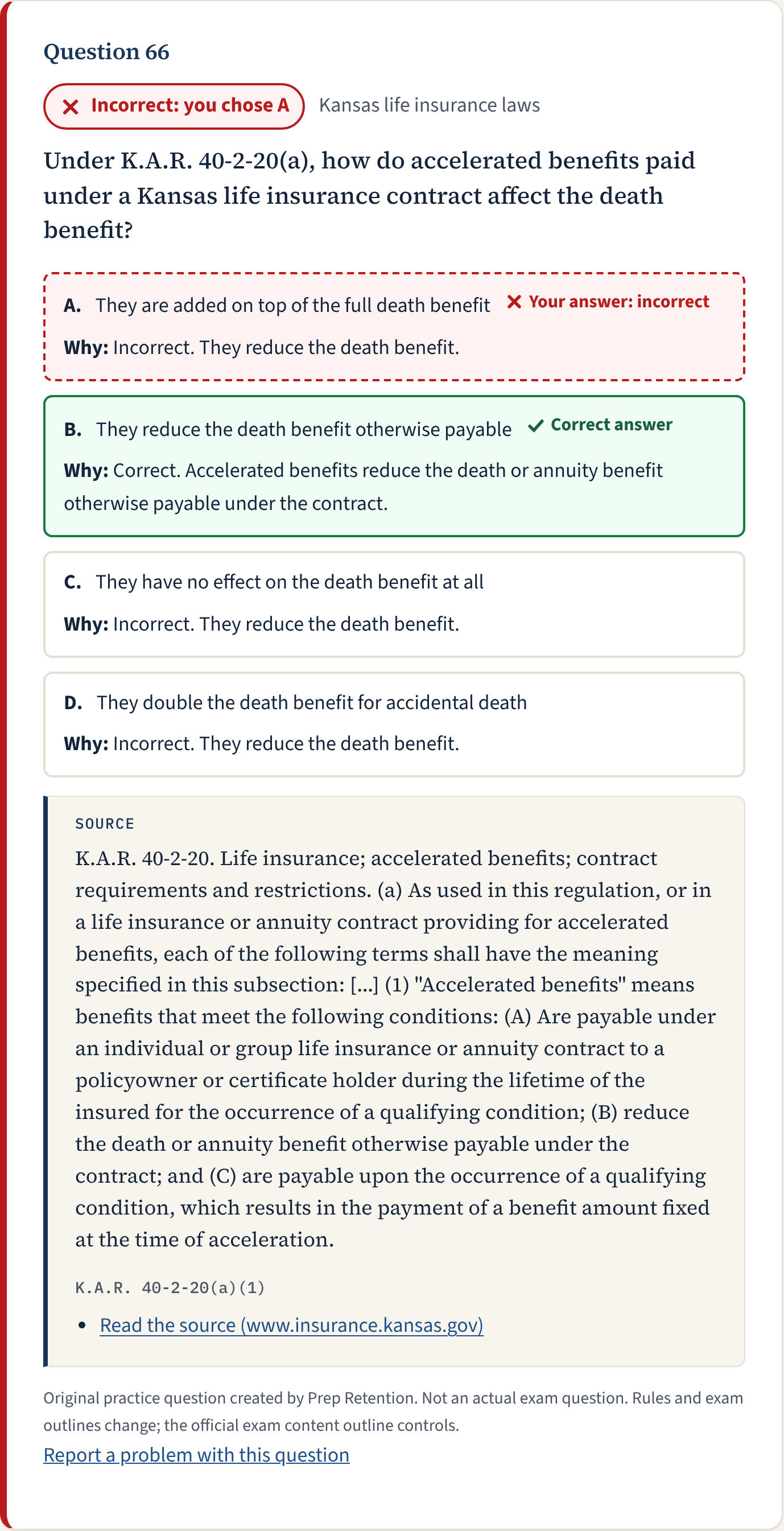 A results card: the chosen answer marked Incorrect, the correct answer marked Correct, explanations for each choice and a source box with the quoted law.
