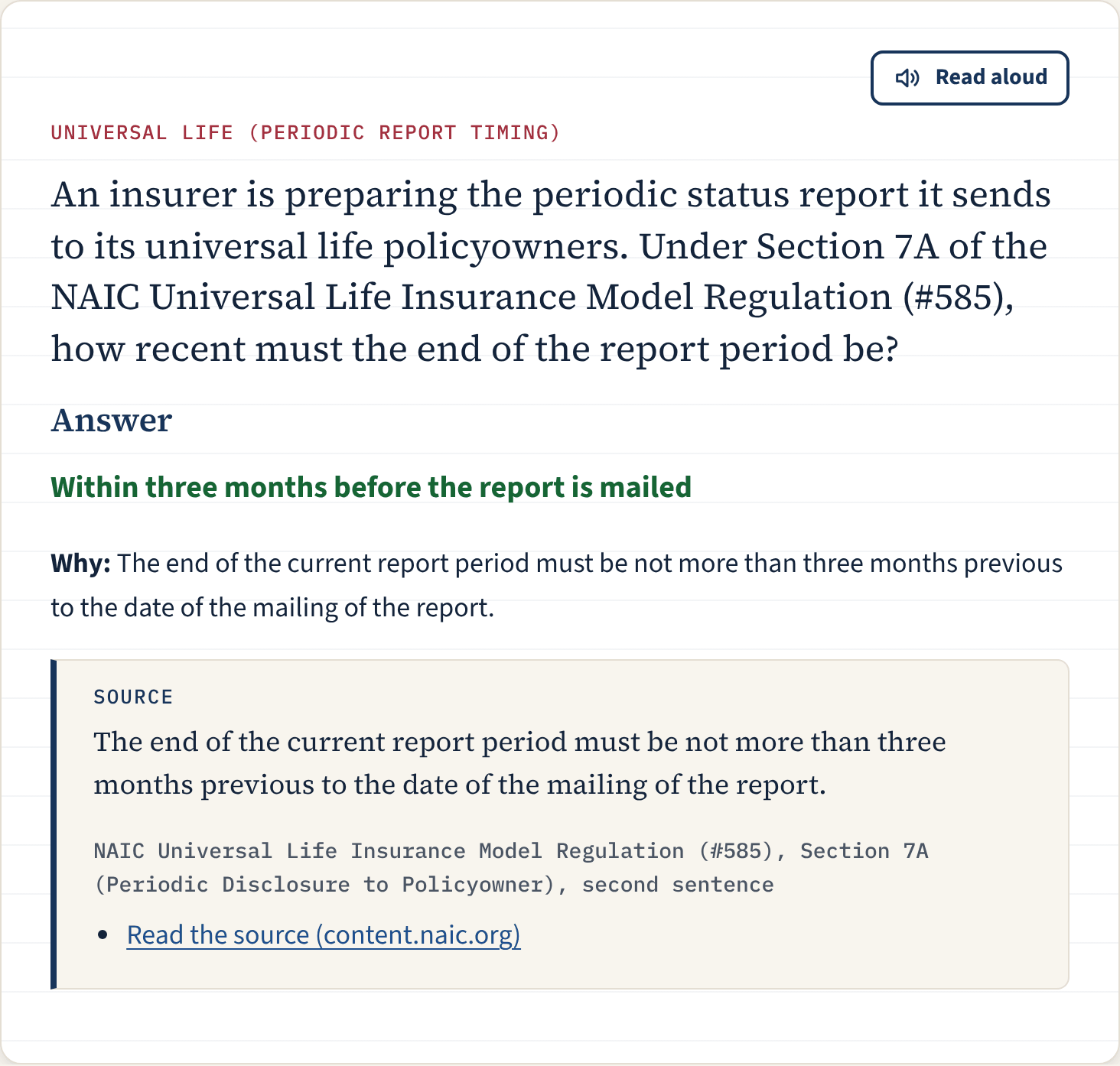 A flashcard turned over, showing the answer, the reason and a quoted source passage.