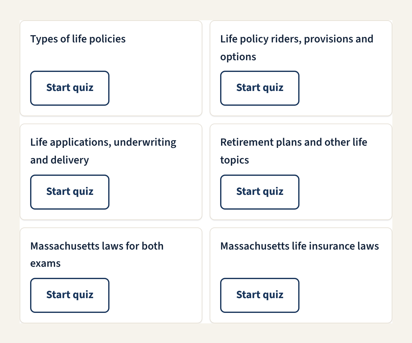 The mini quiz list on the dashboard, one card per exam topic, each with a Start quiz button.