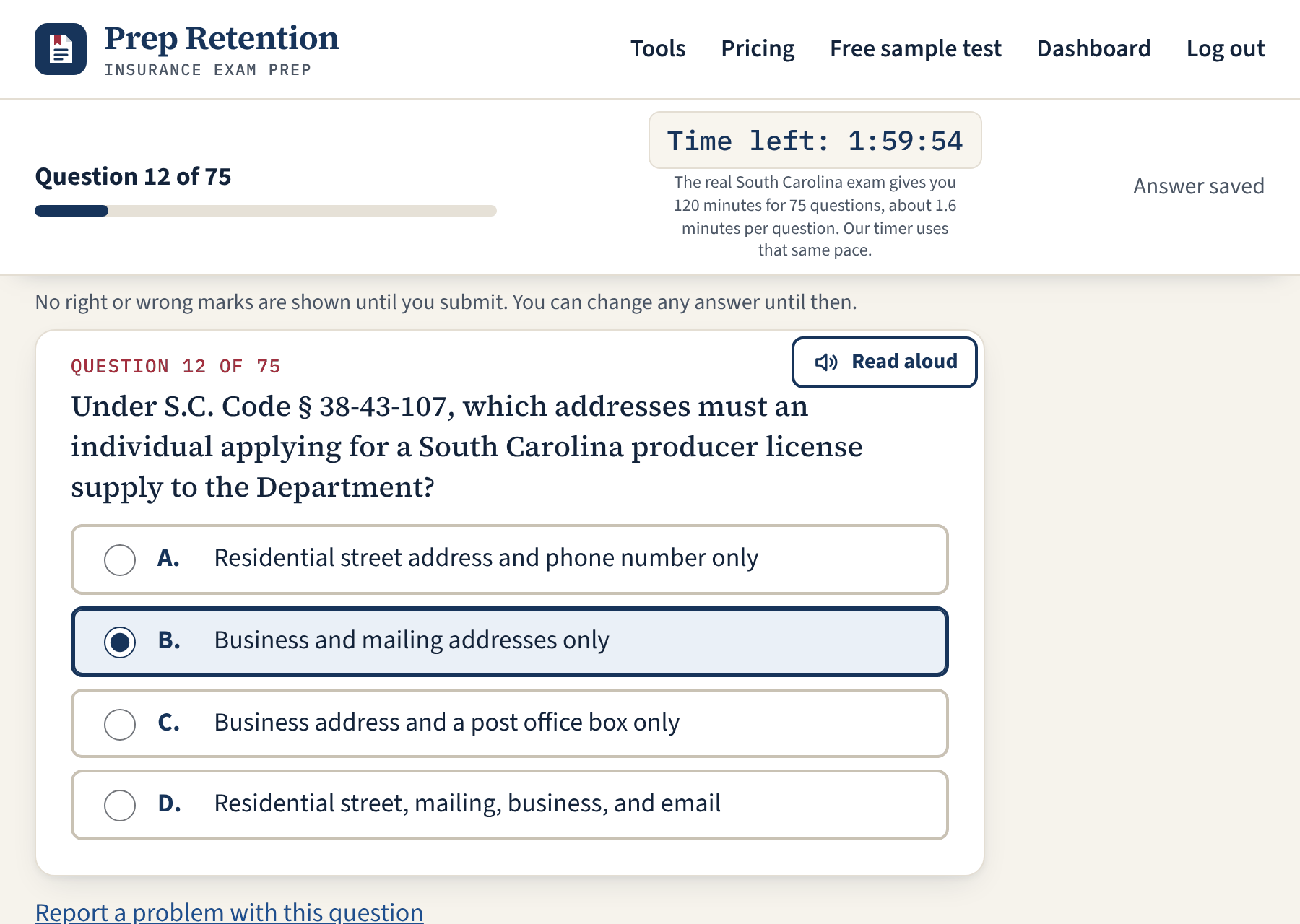 A South Carolina practice exam in progress: question 12 of 75, with a running timer and one choice selected.