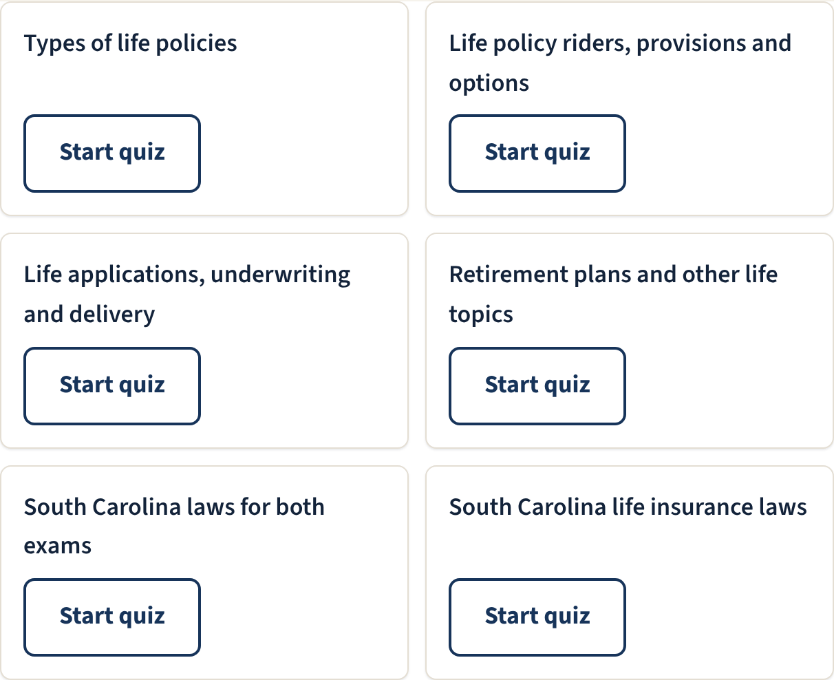 The mini quiz list on the South Carolina dashboard, one card per exam topic including South Carolina laws for both exams and South Carolina life insurance laws, each with a Start quiz button.