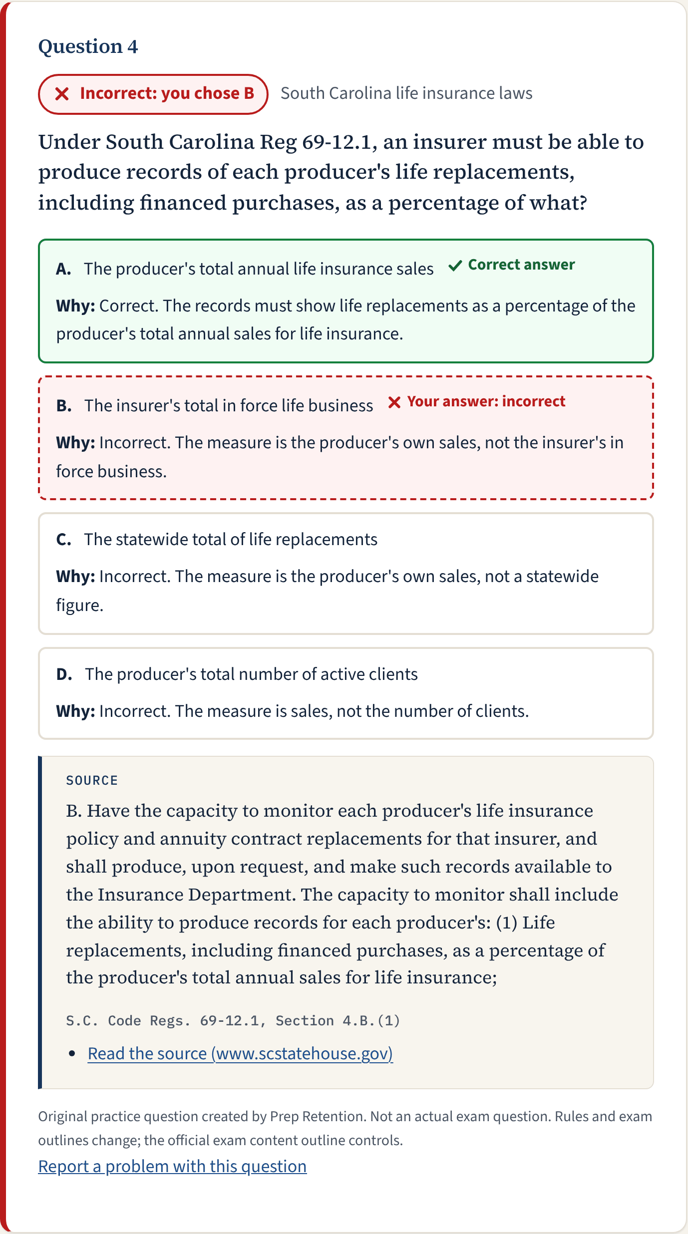 A results card: the chosen answer marked Incorrect, the correct answer marked Correct, explanations for each choice and a source box with the quoted law.