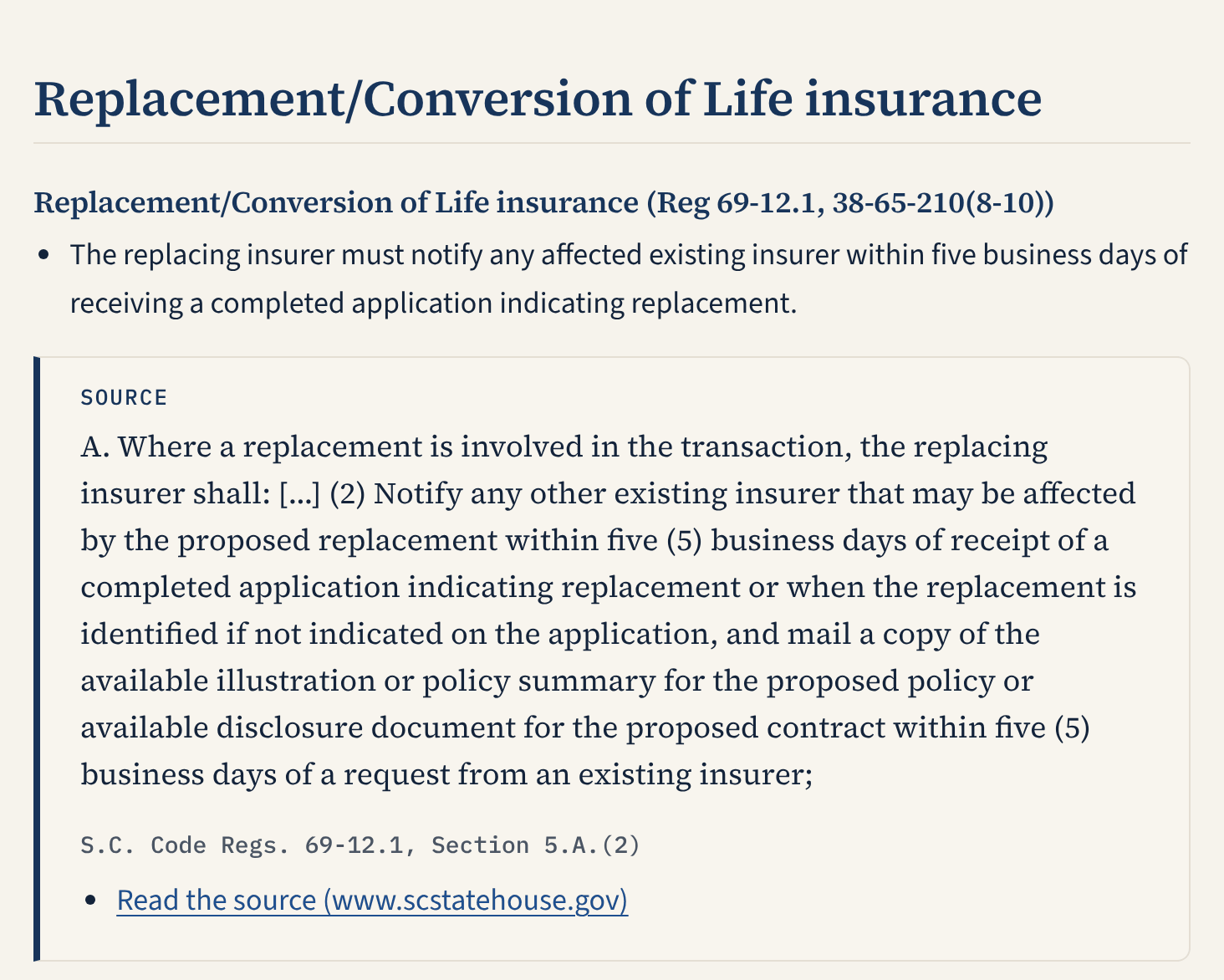 The study guide for South Carolina life insurance laws: a key point with the quoted South Carolina law, its citation and a link.