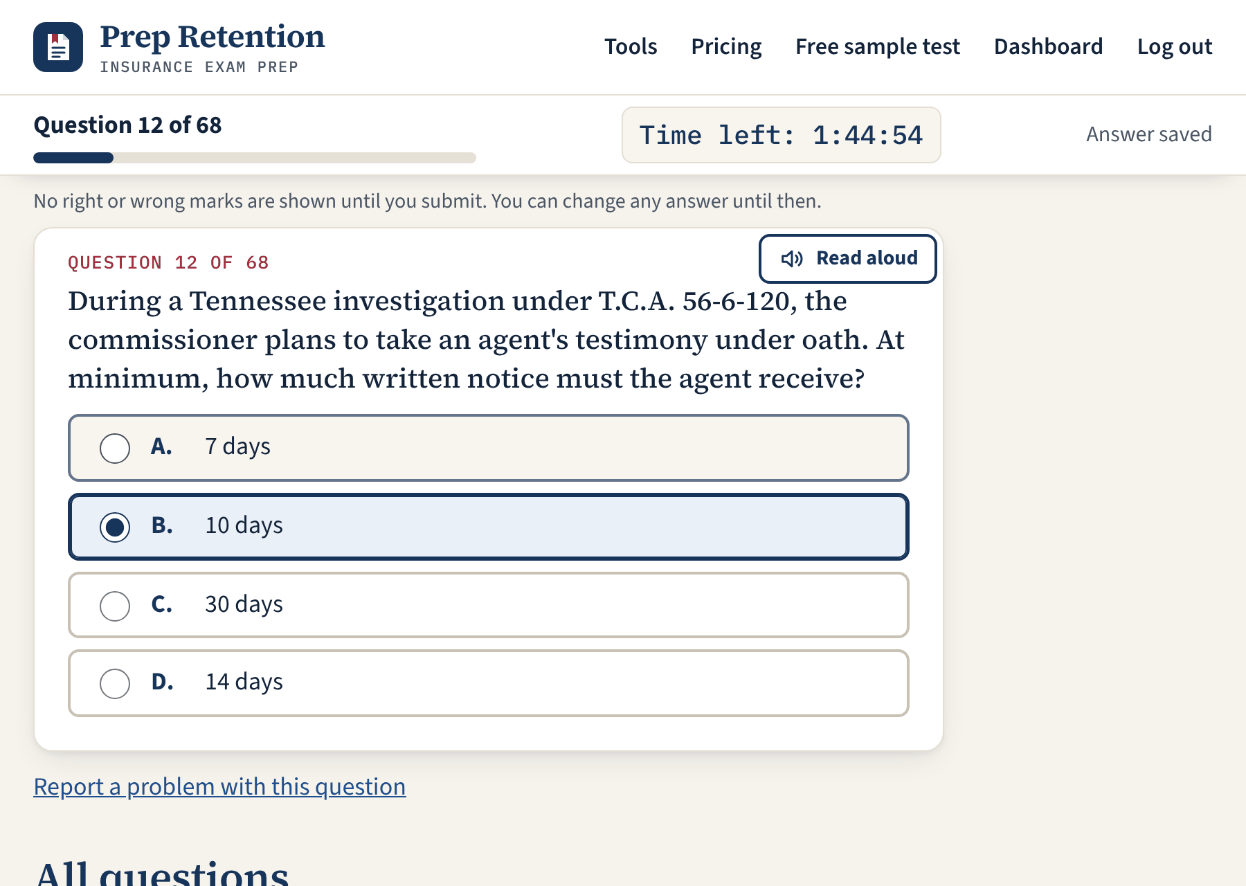 A Tennessee practice exam in progress: question 12 of 68 on a Tennessee statute, with a running timer and one choice selected.