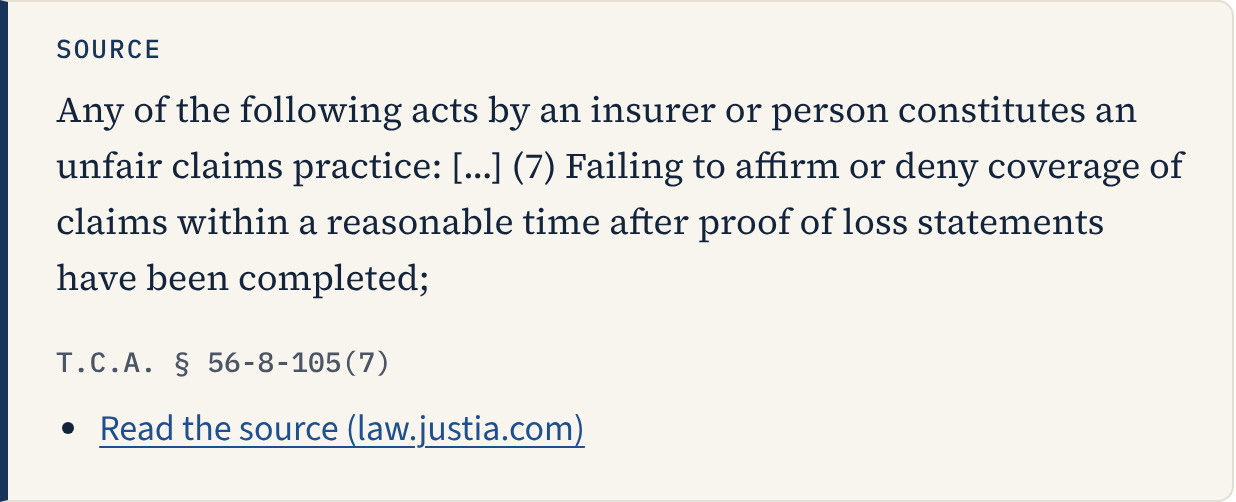The source box for that question: the quoted Tennessee statute, its citation, T.C.A. 56-8-105(7), and a link to read it.