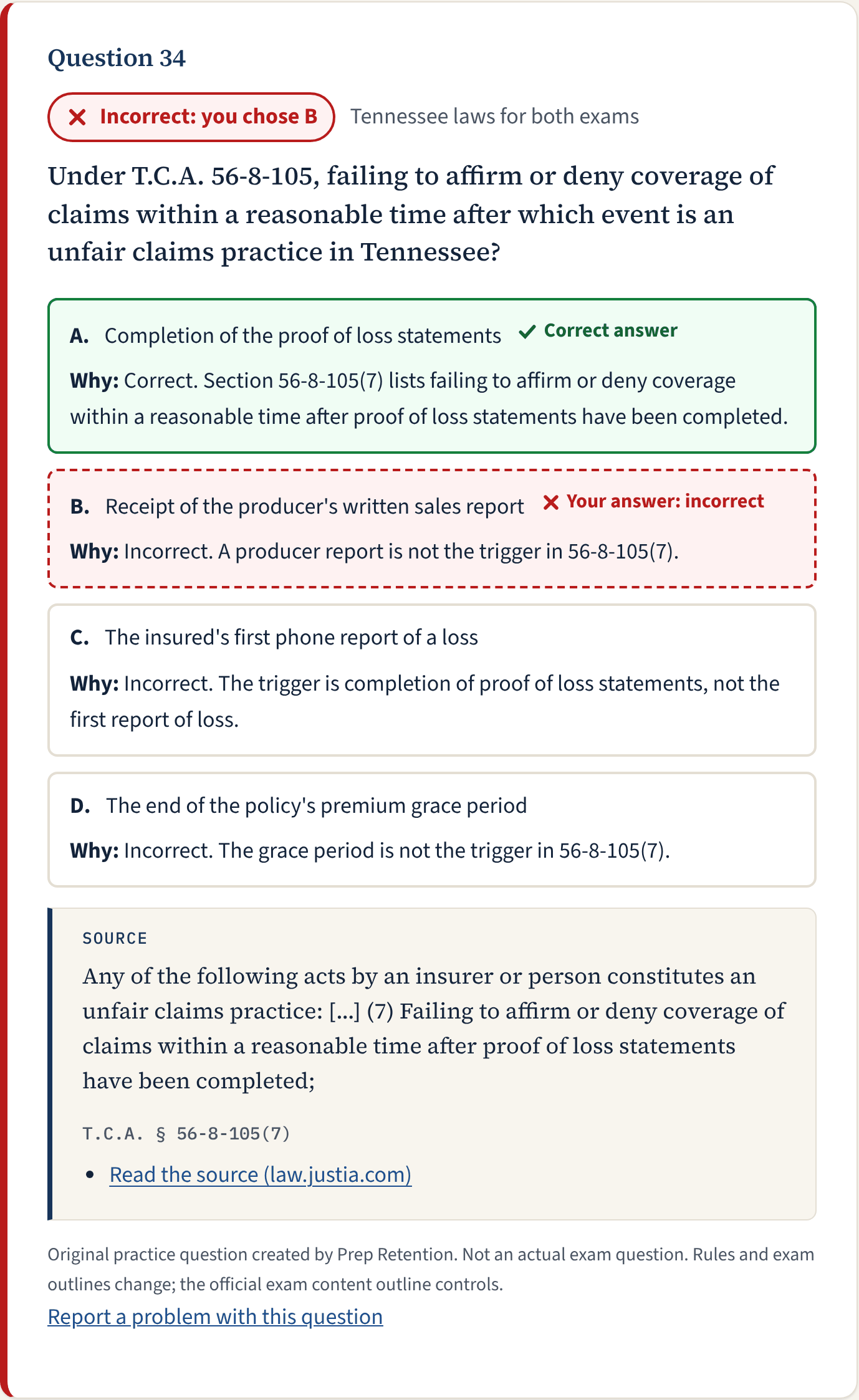 A submitted state law practice question with the correct answer marked, an explanation for each choice and the quoted statute it comes from.